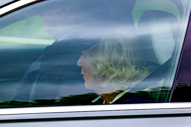 Camilla arrives for Ian Farquhar's funeral in Badminton, Gloucestershire today