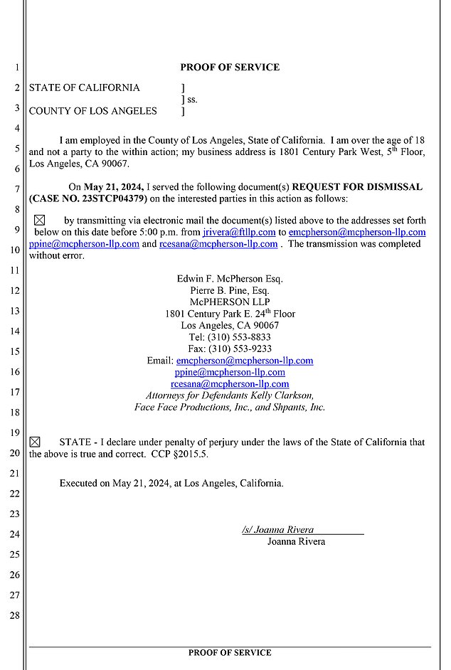 According to The Blast, Clarkson's legal team has filed a similar request for dismissal with prejudice.