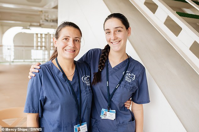 Simon's wife Amélie, pictured left, works on board as a physical education teacher, while their daughters, including Heloise (right), attend school on board.