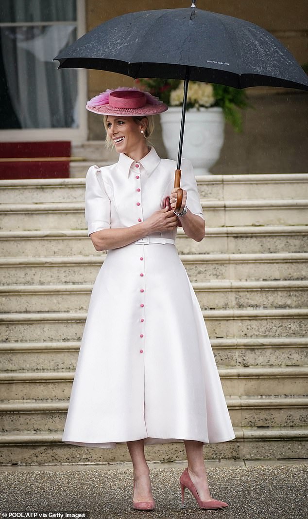 Zara Tindall (pictured) looked stunning in a £1,500 pale pink silk dress by British designer Laura Green.