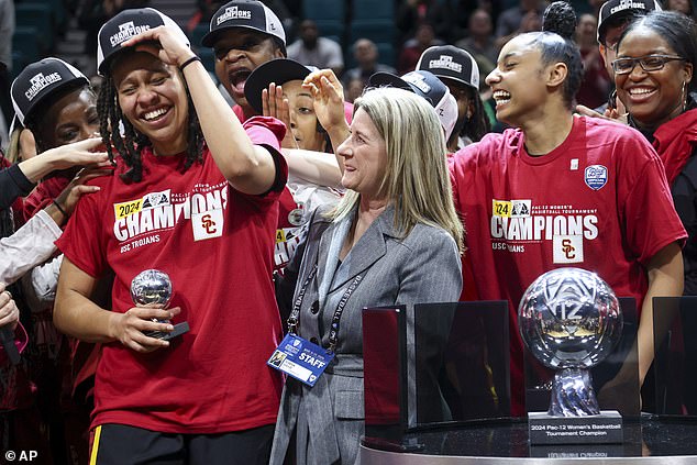 Southern California's McKenzie Forbes reacts after Pac-12 tournament win in March