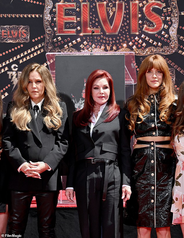 Riley's lawsuit claims that her mother did not borrow money from the company and that her signatures on the deed are forgeries; (LR) Lisa, Priscilla Presley and Riley seen in 2022