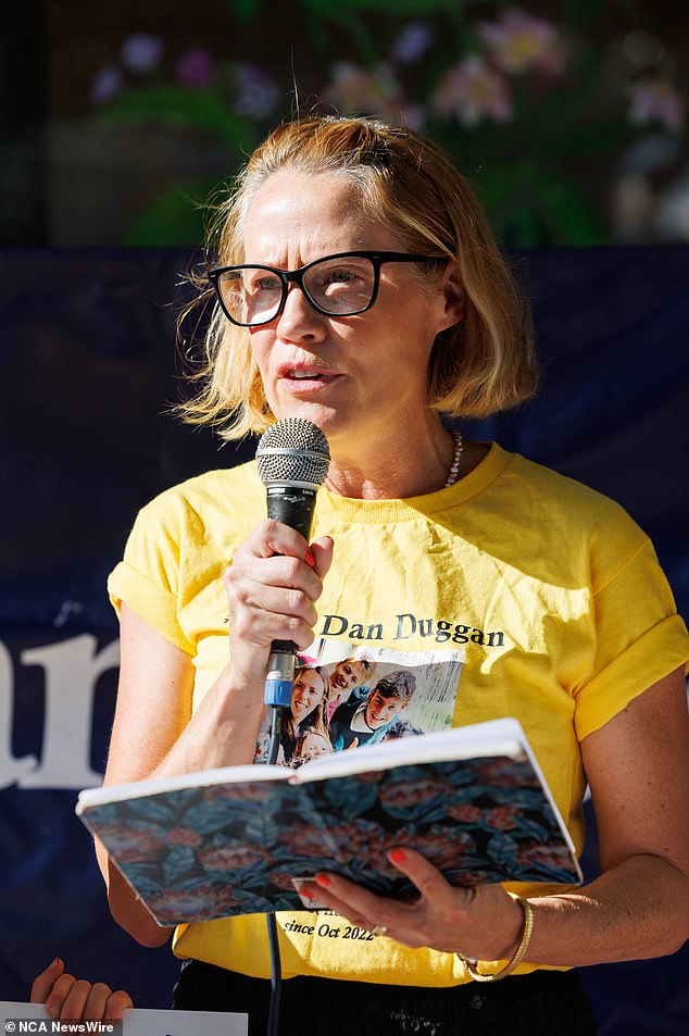 Duggan's wife, Saffrine, and their children were joined by other supporters outside Downing Center Local Court on Friday calling for his release.