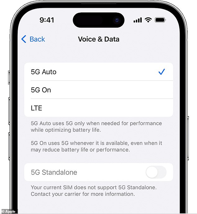 iPhone owners with this technology will see 5G in selections made in Voice & Data and Data Mode. This customization can help an iPhone owner extend battery life