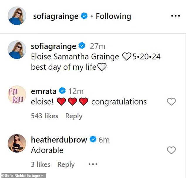 'Eloise Samantha Grainge 5¿20¿24 best day of my life,' the caption read. Friends Emily Ratajkowski and Heather Dubrow shared sweet comments