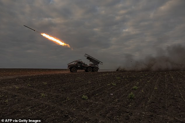 Ukrainian forces fire a Grad multiple rocket launcher at a Russian position on May 15.