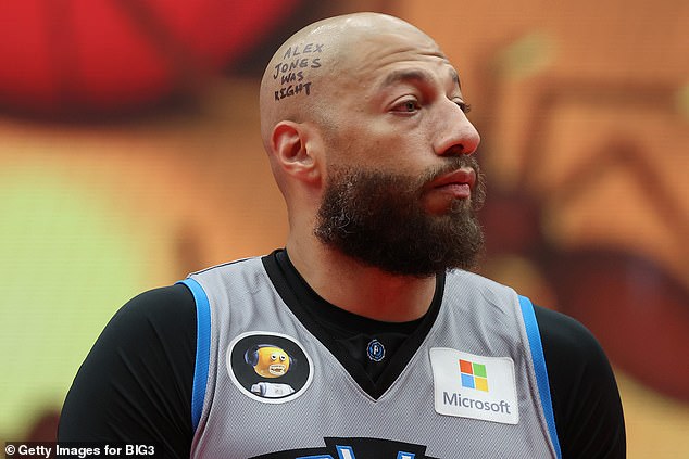 A close-up of the writing on Royce White's head #30 from Power's reading. "Alex Jones was right." during the game against Bivouac in Week 5 of BIG3 at Comerica Center on July 17, 2022 in Frisco, Texas