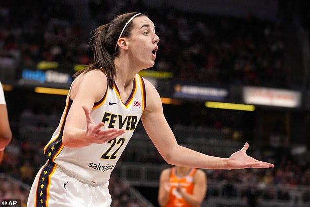 Indiana Fever guard Caitlin Clark questions a first-half call against the Connecticut Sun