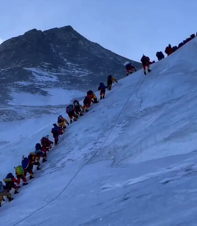 Climbers photographed near the Hillary Step, just below the summit, about 8,800 meters, where the ice collapse occurred on Tuesday.