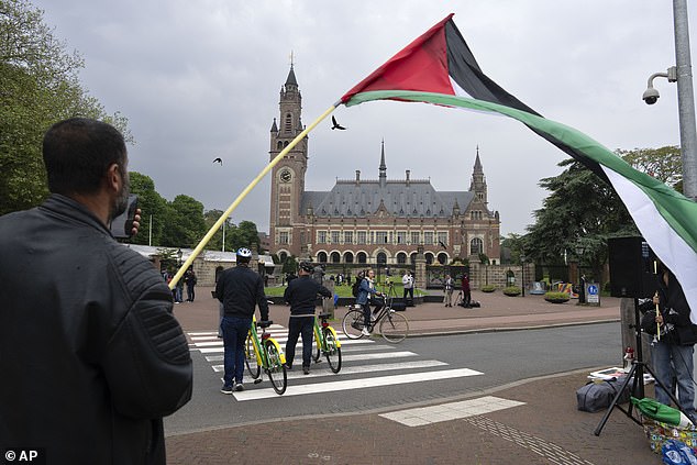 A lone protester waves the Palestinian flag in front of the Peace Palace, rear, which houses the International Court of Justice, or World Court, in The Hague.