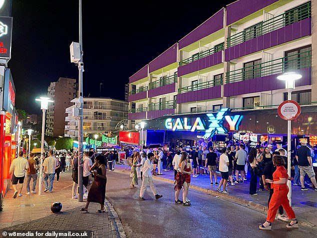 Brits enjoying a drunken night out on the Strip in Magaluf, Mallorca