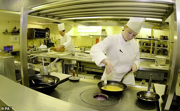 Buckingham Palace kitchen staff are seen busy working preparing food, 2000