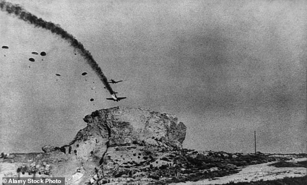 German glider plane on fire about to crash during the Nazi airborne invasion of Crete, May 1941