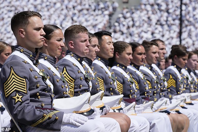 Graduating cadets listen as President Joe Biden speaks at the U.S. Military Academy graduation ceremony, Saturday, May 25, 2024, in West Point, New York.