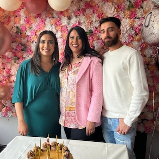 Her family is now taking legal action against her employers Menzies (pictured: her two children, Nina Haer and Harman Sahota, along with her brother-in-law Satti Heir).