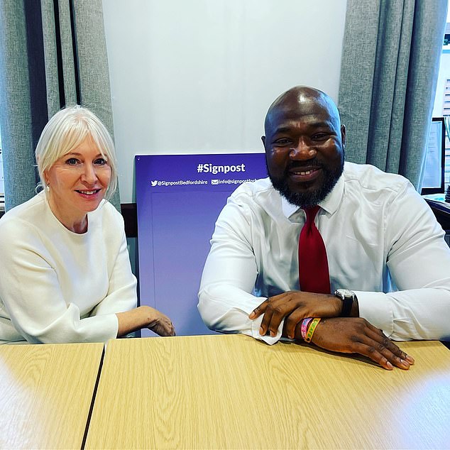 Nadine Dorries with Festus Akinbusoye, selected as her party's 2023 candidate for the Mid Bedfordshire by-election following his resignation