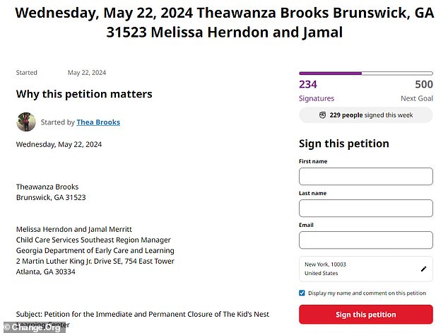 A petition was created on Change.org for the 'Immediate and Permanent Closure' of the learning center. As of Saturday afternoon there were 234 signatures.