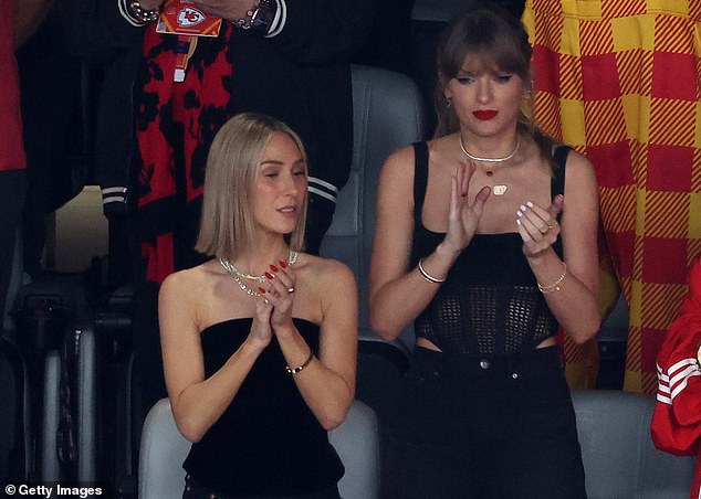 Pictured right is pop star Taylor Swift wearing a Dion Lee crochet corset at the SuperBowl in February.