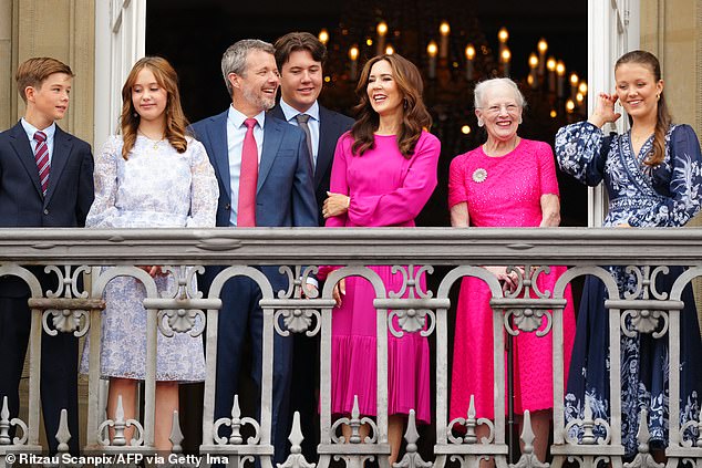 In the photo: Frederik and Mary were accompanied on the balcony by their four children, Crown Prince Christian (center), 18, Princess Elizabeth (far right), 17, and twins Prince Vincent and the Princess Josephine (left), 13, and Queen Margaret, 84.