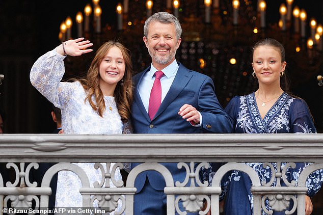 The father of four is today celebrating his first birthday since ascending the throne and greeted a crowd of royal fans who had gathered outside the residence. In the photo with his daughters Josephine (left) and Isabella (right)