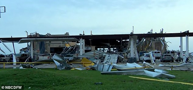 Pictured: The gas station in Valley View, Texas, near which between 60 and 80 people took shelter during Saturday night's tornado.