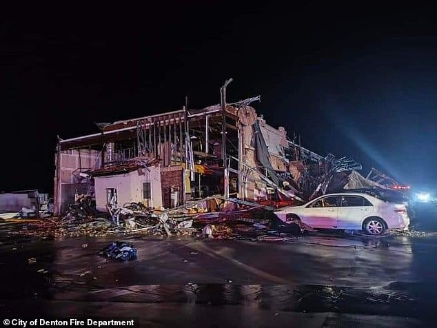 A decimated building on Marina Circle on Lake Ray Roberts in Denton County, Texas