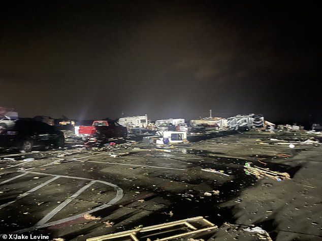 A tornado tore through this parking lot north of Denton, Texas