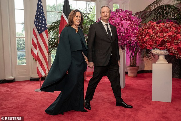 US Vice President Kamala Harris and Second Gentleman Douglas C. Emhoff arrive for an official state dinner