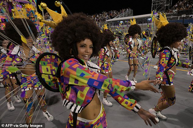 Revelers from the Vai vai samba school perform at the sambadrome in Sao Paulo, Brazil.