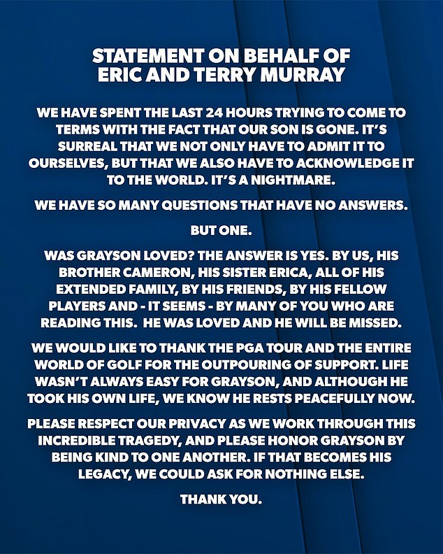 Eric and Terry Murray revealed their son's suicide in a statement released by the PGA