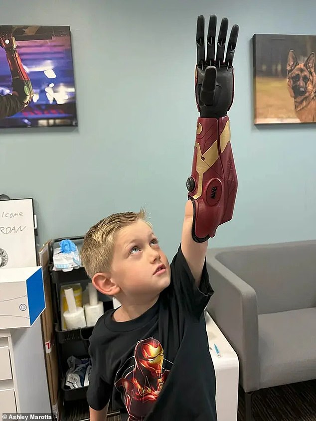 Jordan Marotta was eager to show his schoolmates his bionic arm, made in the colors of his favorite superhero, Iron Man.