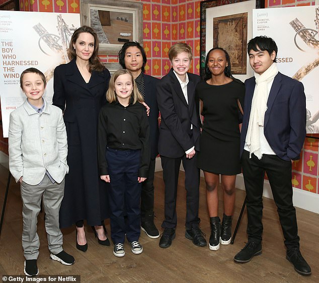 Angelina photographed with her six children in New York City in 2019. Her daughter Zahara (second from right) apparently dropped 'Pitt' from her last name at her AKA sorority initiation at Spelman College last year.