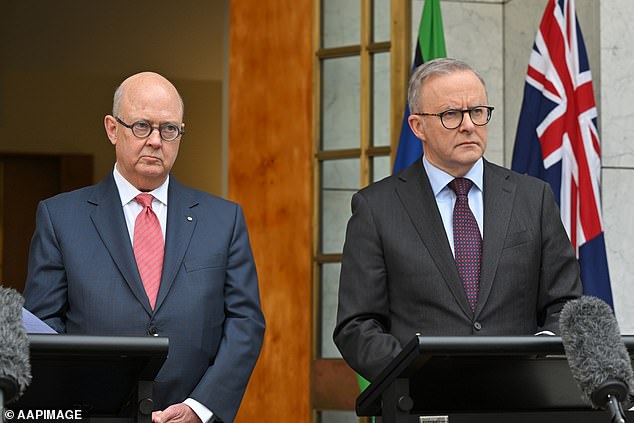 New ABC boss Kim Williams (left) joins Anthony Albanese in Parliament as his appointment was announced.