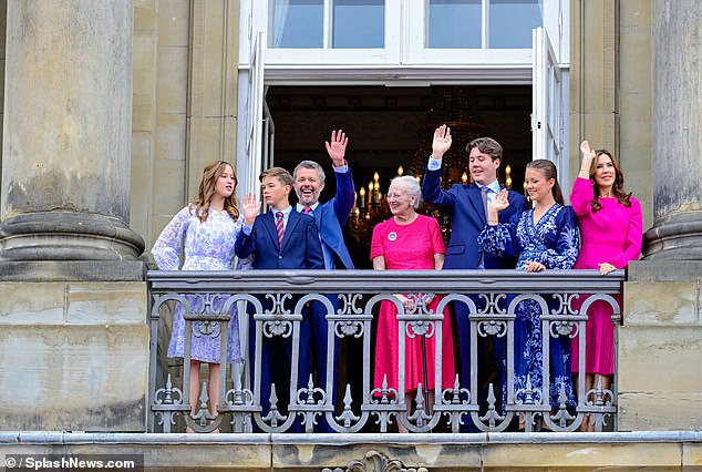 The king's mother, Queen Margaret and her children, Crown Prince Christian, Princess Elizabeth, Prince Vincent and Princess Josephine, appeared alongside the royal couple.