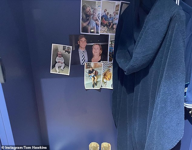 The soccer star says his mother is never far from his and his family's minds. He keeps a photo of the two of them in her locker in Geelong (pictured)