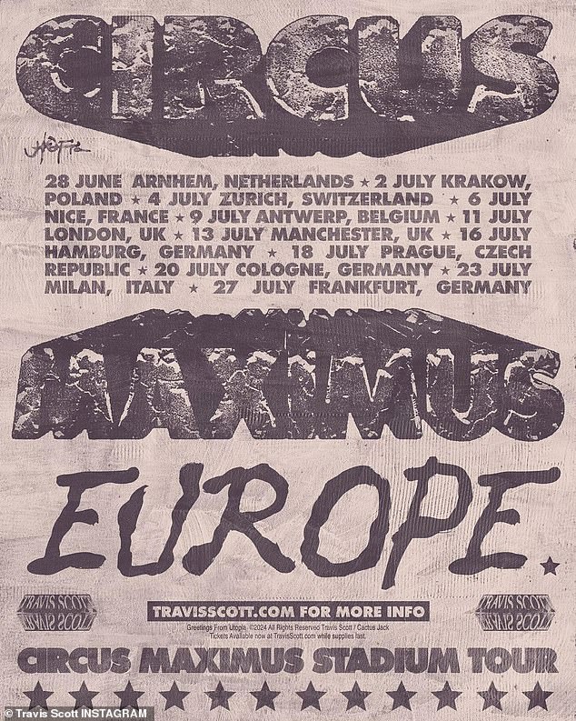 Shortly before his recent appearances in Cannes and Monaco, Travis announced European and UK dates in 2024 for his Utopia: Circus Maximus tour, which will include a total of 12 dates.