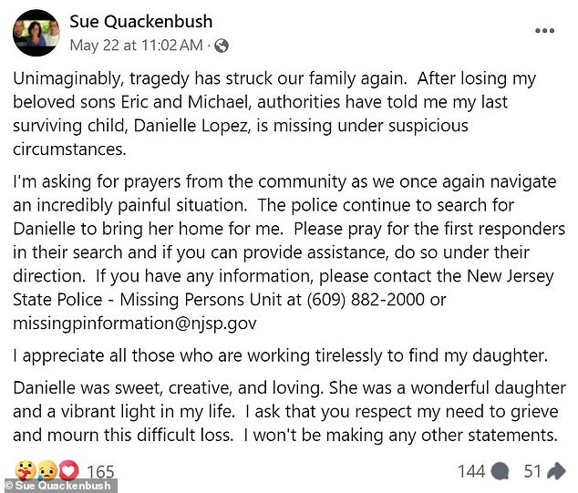 Sue Quackenbush Posted About Her Missing Daughter Danielle In Heartbreaking Post