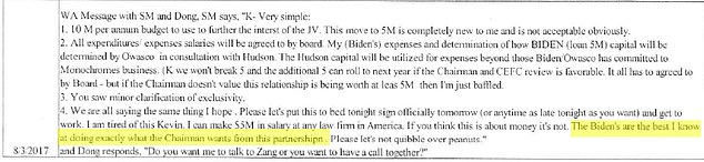 On August 3, 2017, Hunter texted CEFC associate Gongwen 'Kevin' Dong, telling him that 