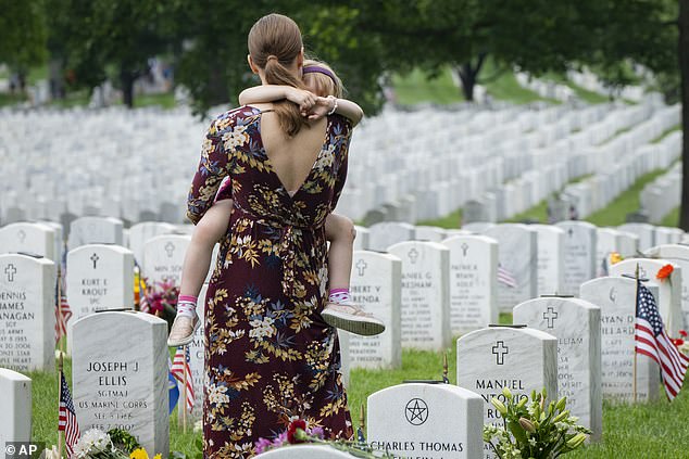 Families visit Section 60 of Arlington National Cemetery in Arlington, Virginia, where service members who died fighting in Afghanistan and Iraq have been buried.