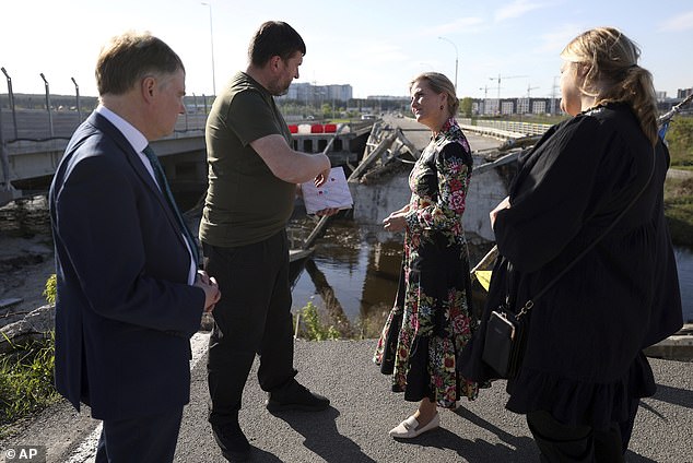 Sophie, Duchess of Edinburgh, and UK Ambassador to Ukraine Martin Harris, left, visit the Romanivska Bridge in the town of Irpin on Monday April 29, 2024 amid the Russian invasion of Ukraine.