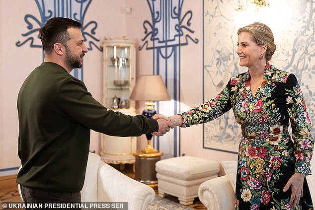 Sophie is believed to have delivered a letter from King Charles III to President Volodymyr Zelensky. The Ukrainian president is pictured greeting Sophie before their talks in kyiv on April 29, 2024.