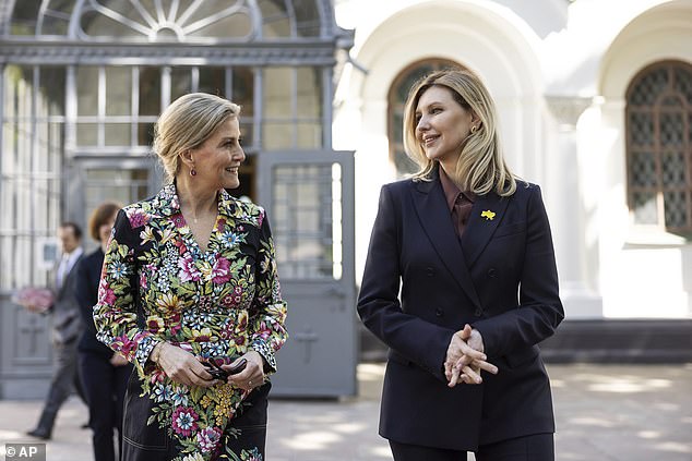 The Duchess of Edinburgh (left) and Olena Zelenska (right), wife of Ukrainian President Volodymyr Zelensky, chat during their visit to Saint Sophia Cathedral in kyiv on April 29, 2024.