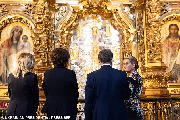 Ukraine's first lady Olena Zelenska (left) and Britain's Sophie, Duchess of Edinburgh (right) visiting Saint Sophia Cathedral in kyiv on April 29, 2024.