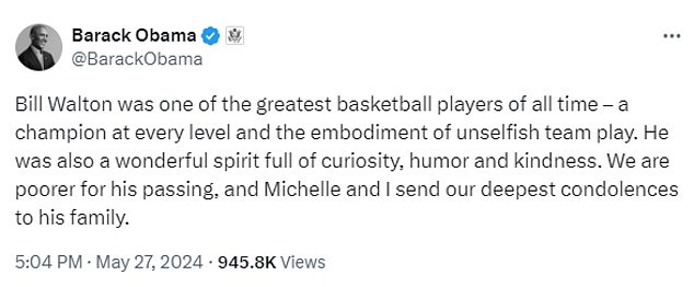 Former US President Barack Obama took to social media to pay his respects to Walton.