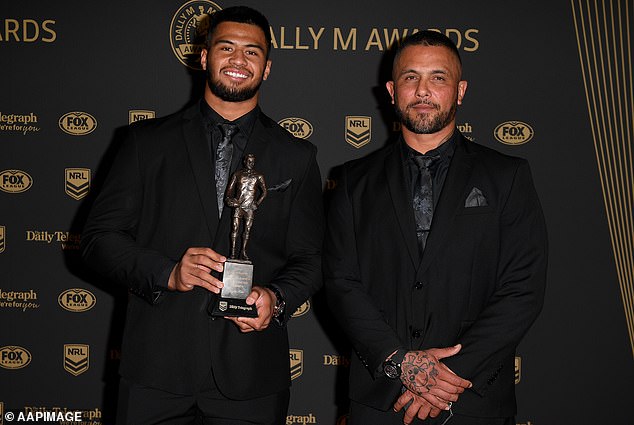 Gregor Haas is pictured with his son Payne at the 2019 Dally M Awards