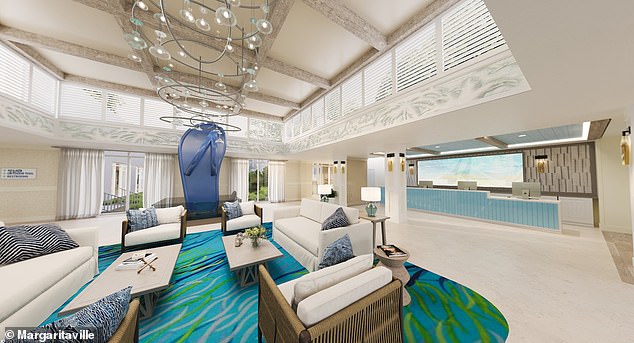 A giant blue flip-flop sits in the hotel lobby, while surfboards and artificial palm trees adorn the interiors.