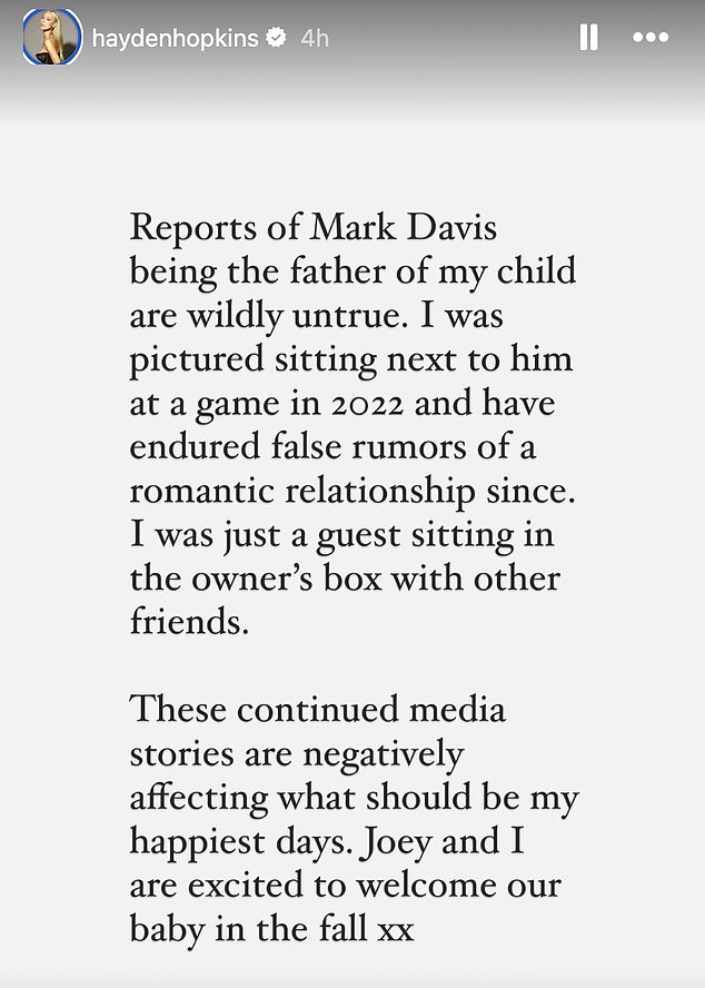 Hayden Hopkins has denied rumors that Raiders owner Mark Davis is the father of her baby.