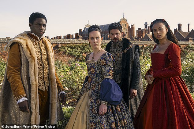 Jordan Peters plays King Edward (left), Abbie Hern and Kate O'Flynn play Princess Mary (second from left) and Princess Bess (right), while Dominic Cooper plays Lord Seymour.