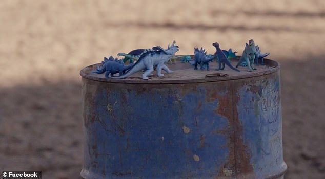 The children placed small toy dinosaurs in the contents during the rodeo finale.