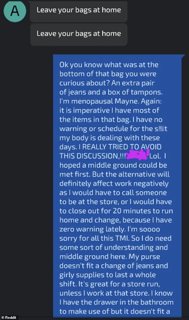 Oh! Elsewhere, a clueless boss refused to let his employee bring a larger bag to work, but his response quickly put him at ease.